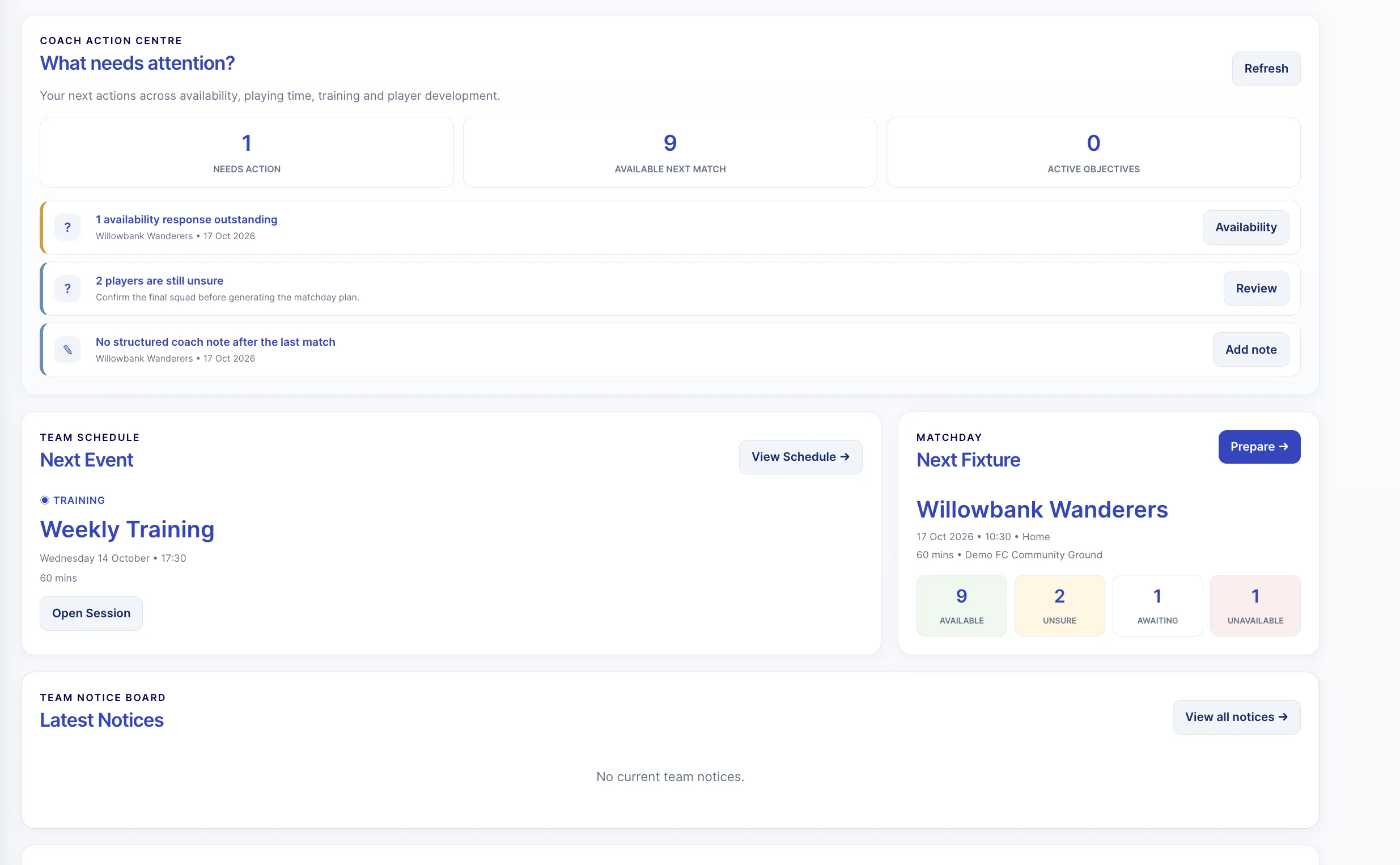 Real OneBadge coach dashboard showing availability, actions, training and next fixture
