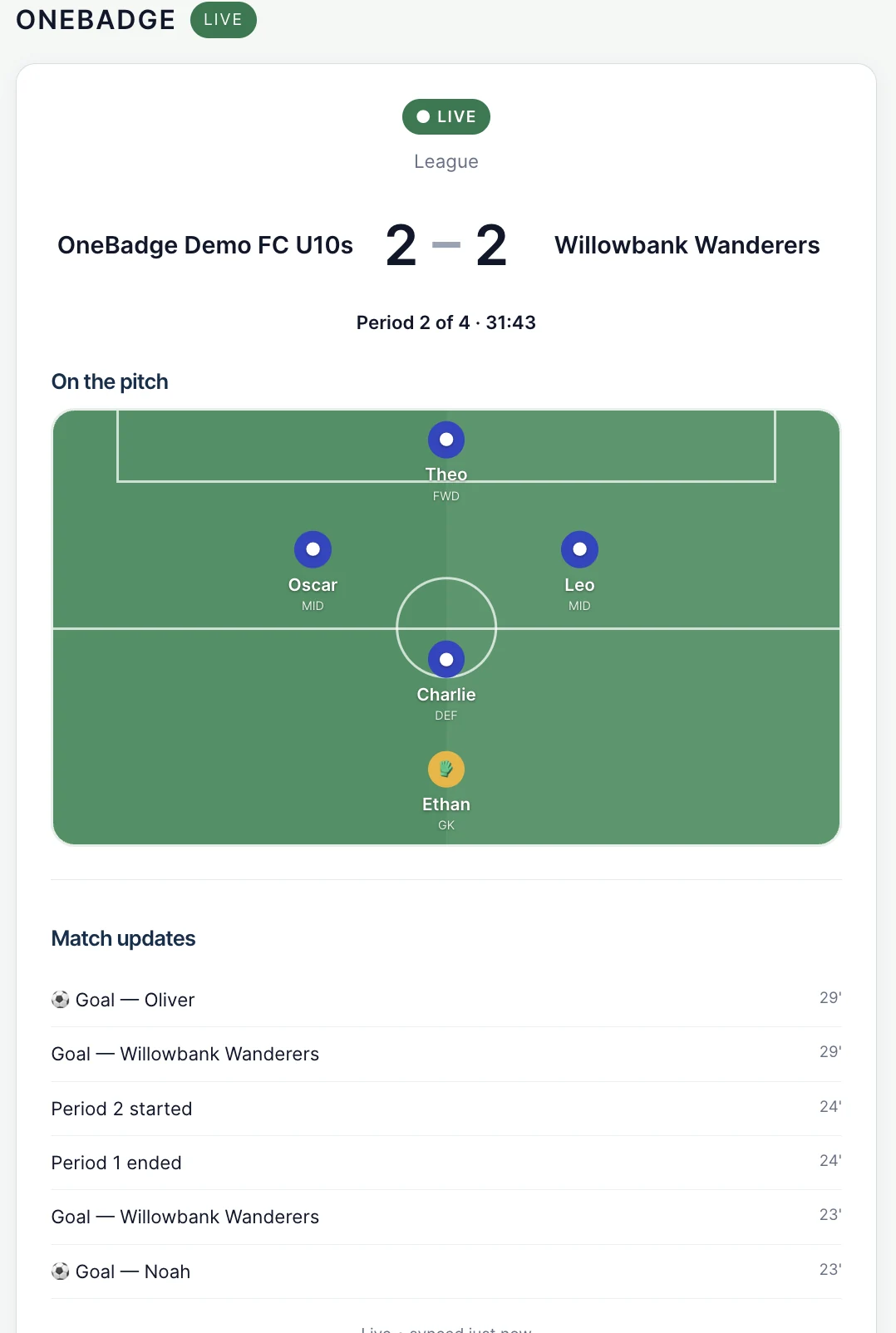 Real public OneBadge Live view showing a 2–2 match, pitch formation and updates