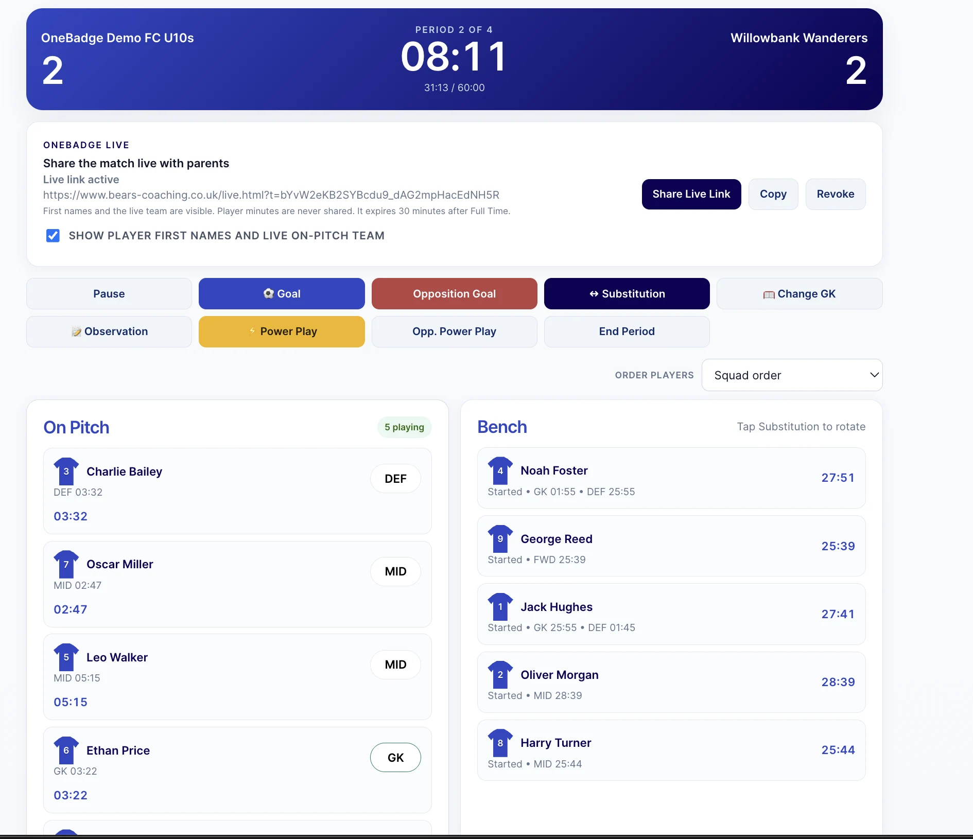 Real OneBadge Matchday Mode with score, match clock, player rotations and bench