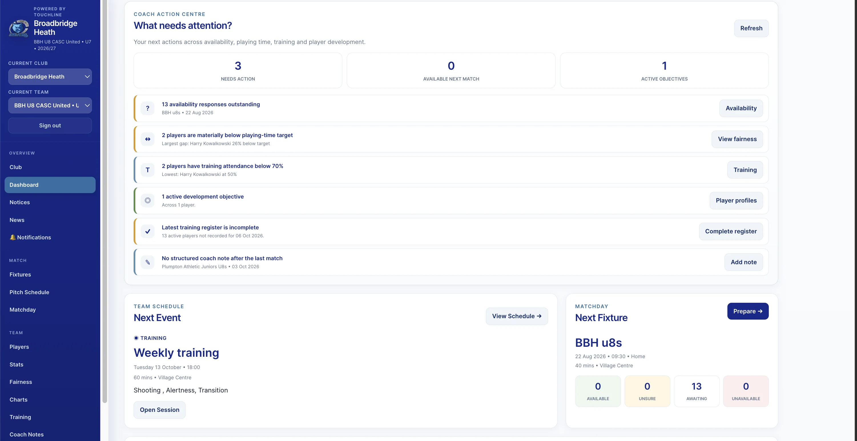 Real OneBadge squad management screen showing fictional player names and positions